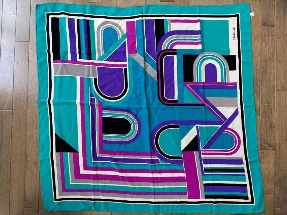 Vintage Juliana Ray 100% Silk Geometric Scarf | Teal Purple Abstract Mod
